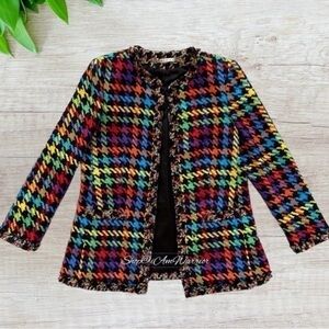 Alice +Olivia NWT rainbow tweed houndstooth fringe blazer